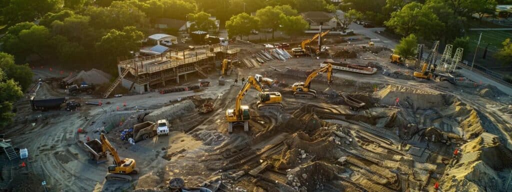 Expert Guidance on Excavation Services in Wimberley Texas a meticulously arranged construction site in wimberley showcases various heavy excavation equipment, emphasizing the selection process with clear, labeled machinery and surrounding urban infrastructure under bright artificial lighting.