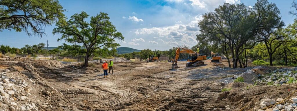 Expert Guidance on Excavation Services in Wimberley Texas a meticulously organized construction site in wimberley, texas, showcasing workers in safety gear overseeing the restoration of the ground, with equipment parked on clean gravel, emphasizing the importance of responsible post-excavation practices.