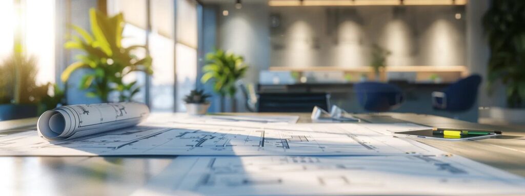 Avoiding Pitfalls in Excavation and Landscaping Services Wimberley Texas a modern office conference room with a large table and blueprints spread out, representing homeowners and contractors discussing detailed excavation and landscaping plans, illuminated by bright overhead lighting to emphasize the importance of thorough project assessments and clear communication.