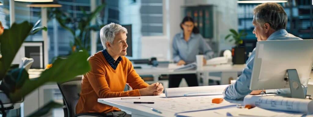 Expert Guidance on Excavation Services in Wimberley Texas a well-lit modern office environment features a professional contractor engaging in a focused discussion with a client, surrounded by blueprints and excavation plans, highlighting the importance of clear communication in project management.