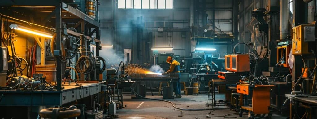 What Defines Exceptional Welding Contractor Services in Wimberley Texas a detailed indoor scene in a bustling welding workshop, showcasing skilled technicians scrutinizing complex projects with advanced equipment and materials, emphasizing the varying costs of welding services.