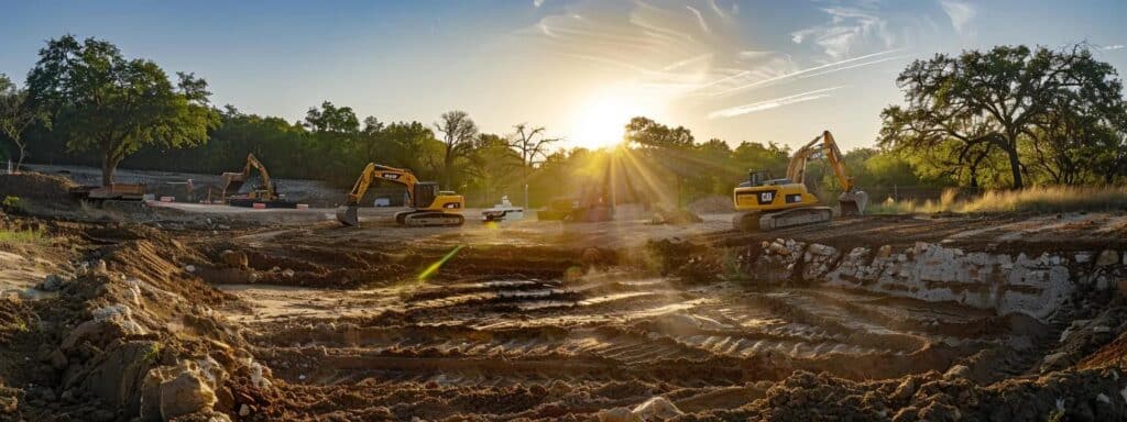Best Practices for Excavation and Landscaping in Wimberley Texas a dynamic construction site in wimberley features heavy excavation machinery, such as excavators and bobcats, strategically positioned around a surveyed area of diverse soil densities, showcasing the precision and techniques of modern landscaping operations.