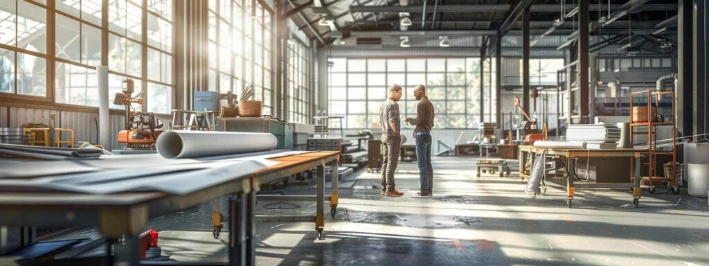 Efficient Ways to Manage Welding Services in Wimberley Texas a dynamic office environment showcases a professional discussion between two colleagues, surrounded by blueprints and welding project plans, emphasizing the importance of collaboration in securing premier welding talent.